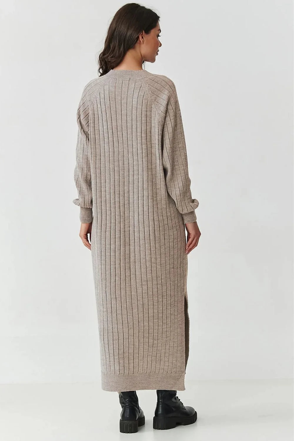 robe pull maxi femme maille côtelée acrylique douce chaude oversize col plongeant manches bouffantes fentes latérales longueur cheville élégante