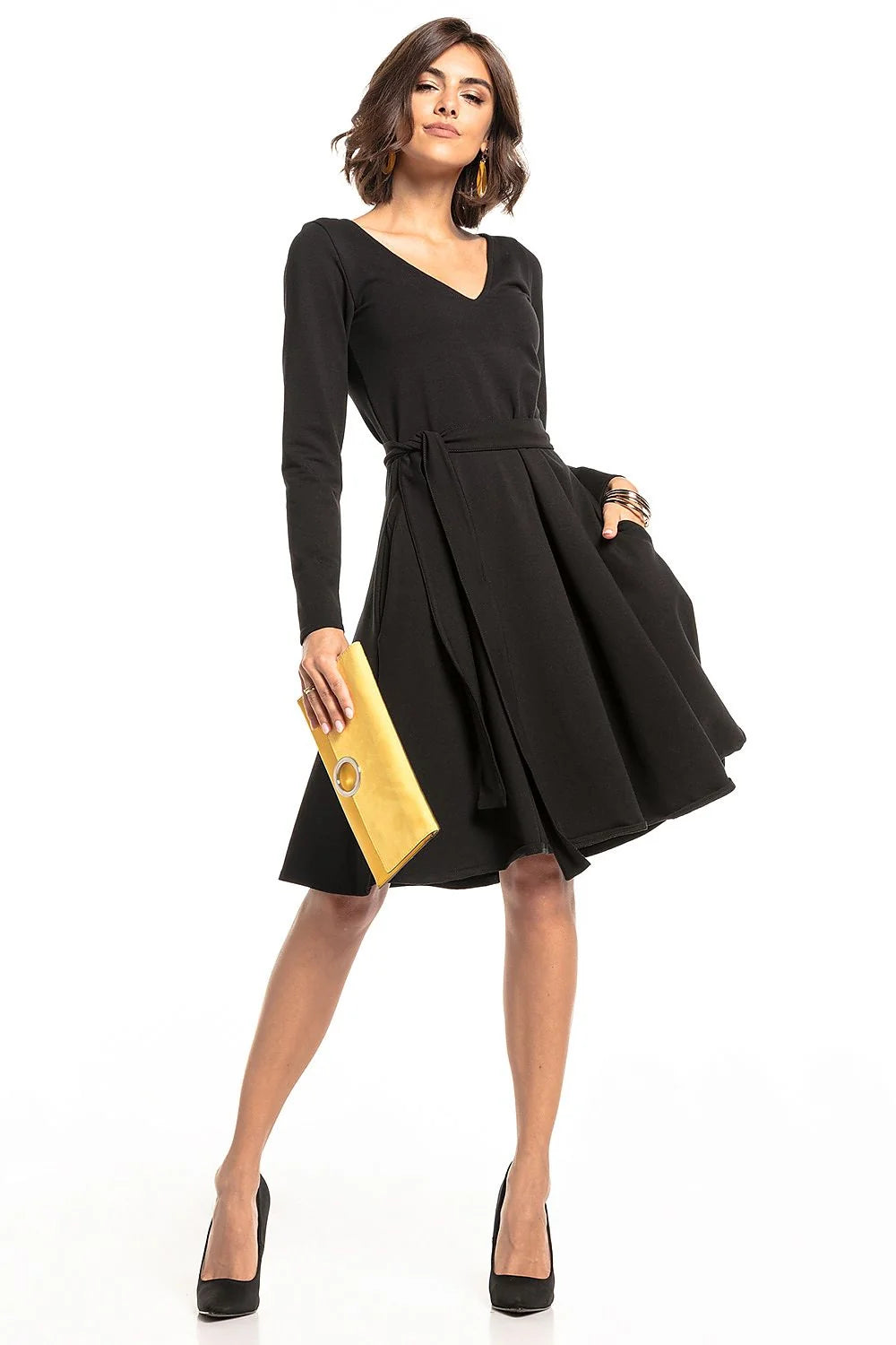 Robe en coton bleu élégante Tessita manches longues col V ceinture intégrée pour femmes