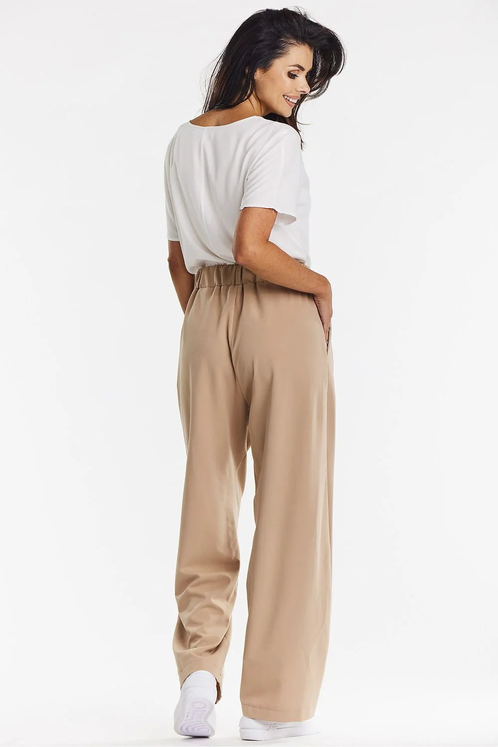 ensemble AWAMA femme tshirt blanc coton doux respirant coupe droite pantalon beige palazzo taille haute plis poches latérales tombé fluide