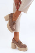 Chaussures basses à talons Step in style en suédine taupe plateforme carrée 7 cm boucle dorée mocassins femme confortable