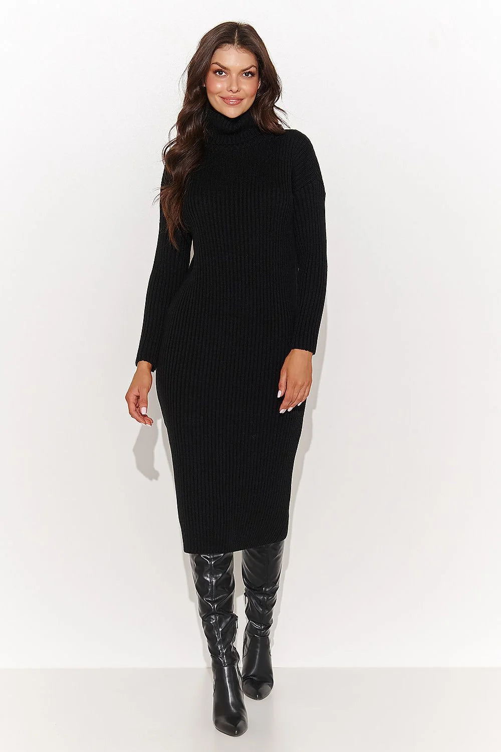 Robe pull longue élégante pour femme automne-hiver col roulé manches longues coupe droite tissu maille côtelé couleur classique