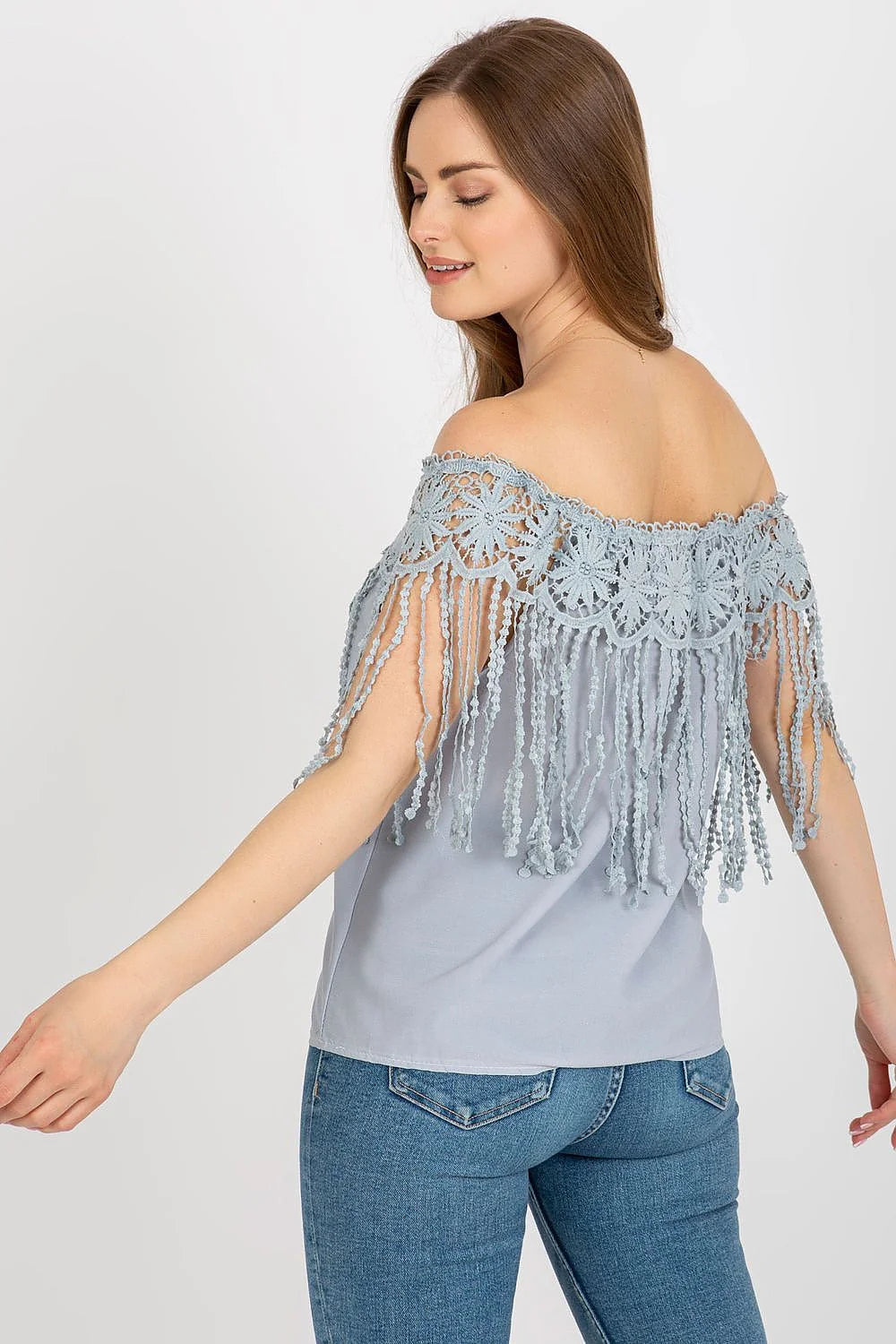 Chemisier AT été élégant romantique dentelle franges bleu clair sans manches tour de poitrine ajustable femme