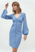 Robe élégante en coton bleu pastel manches bouffantes col V boutons style décontracté chic femme