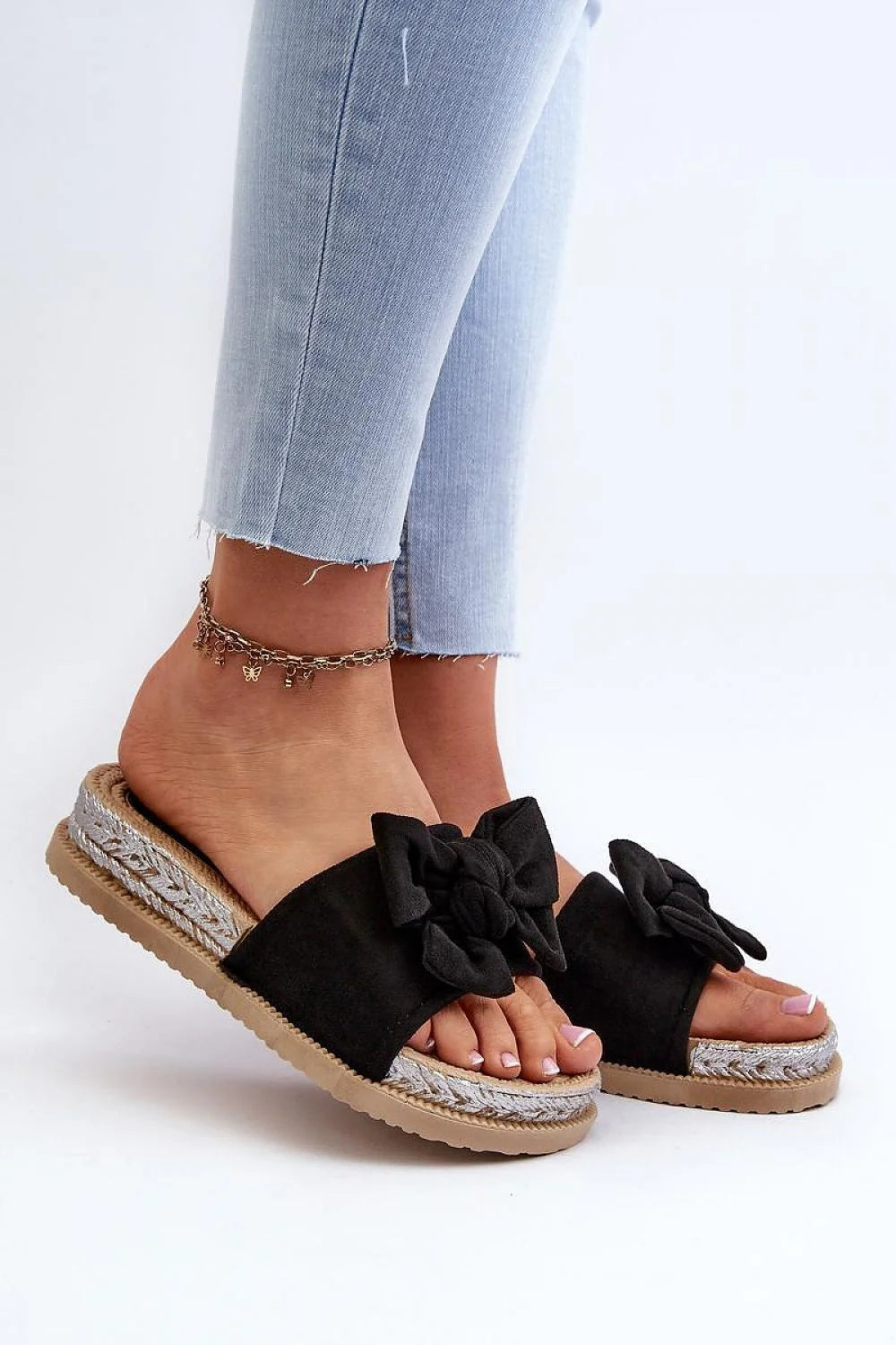 Sandales féminines ouvertes à l'avant nœud décoratif cuir suédé écolo plateforme 3.5cm style estival tendance