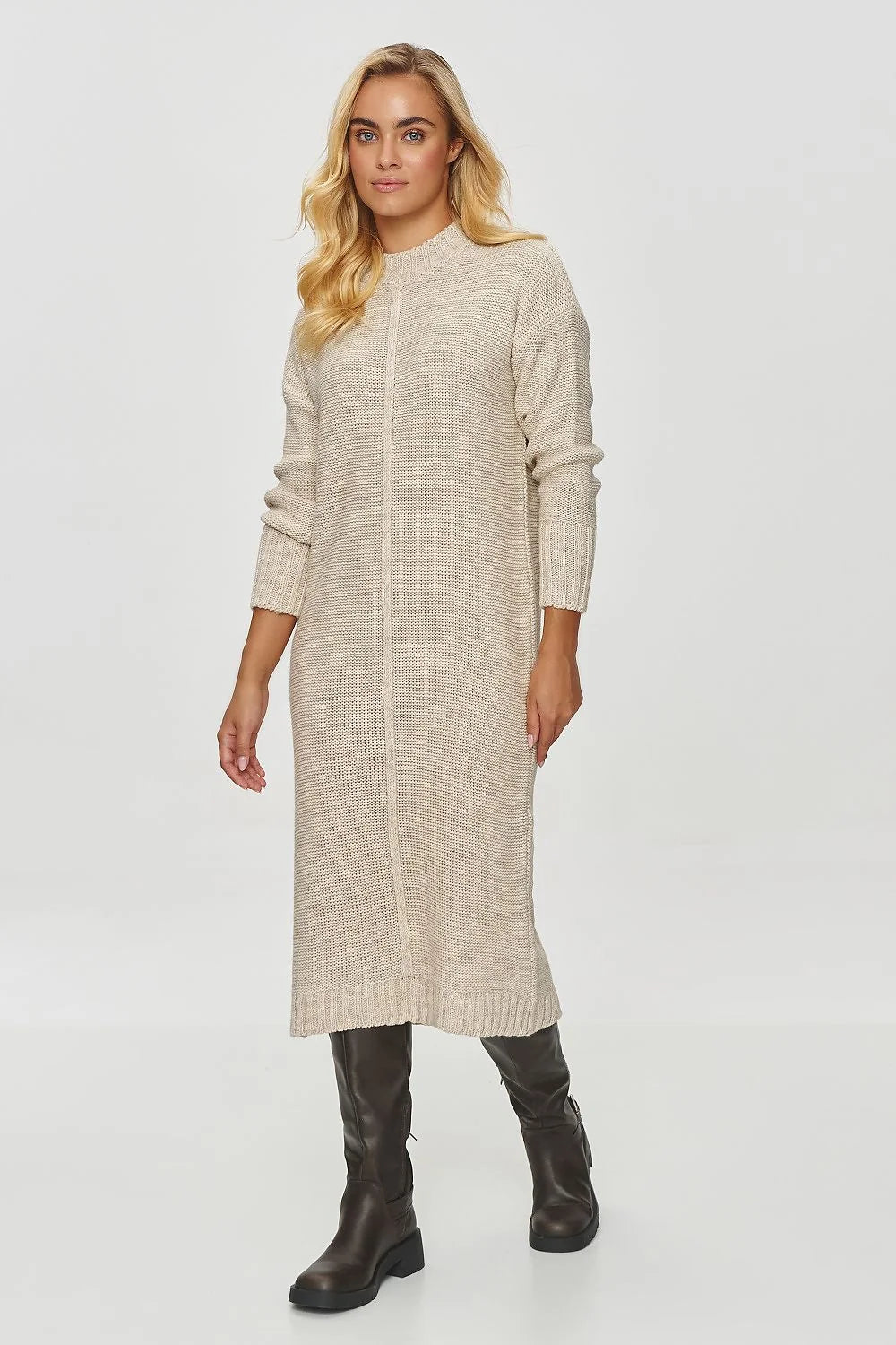 Robe de jour Makadamia en maille longue manches longues col rond beige clair pour femme élégance intemporelle