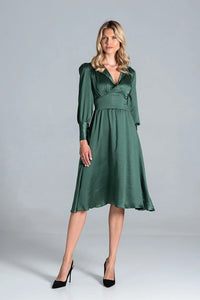 Robe satin vert foncé élégante manches longues dos nu ajustable événements formels femme chic