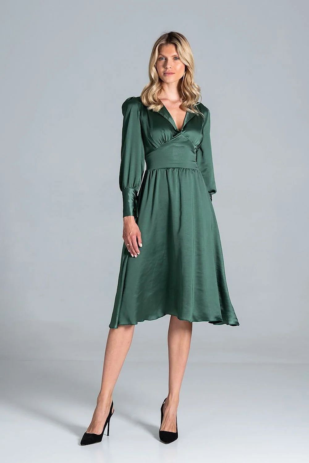 Robe satin vert foncé élégante manches longues dos nu ajustable événements formels femme chic