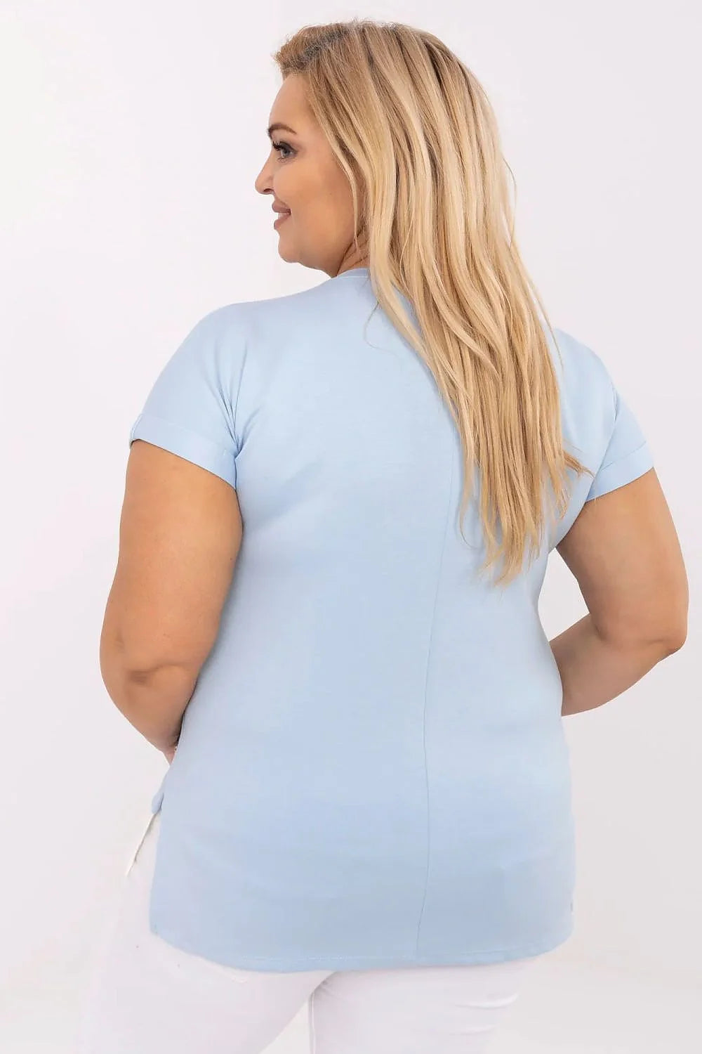 Chemisier pour femmes grande taille en viscose élasthanne tunique bleu pâle manches courtes décolleté rond style casual chic