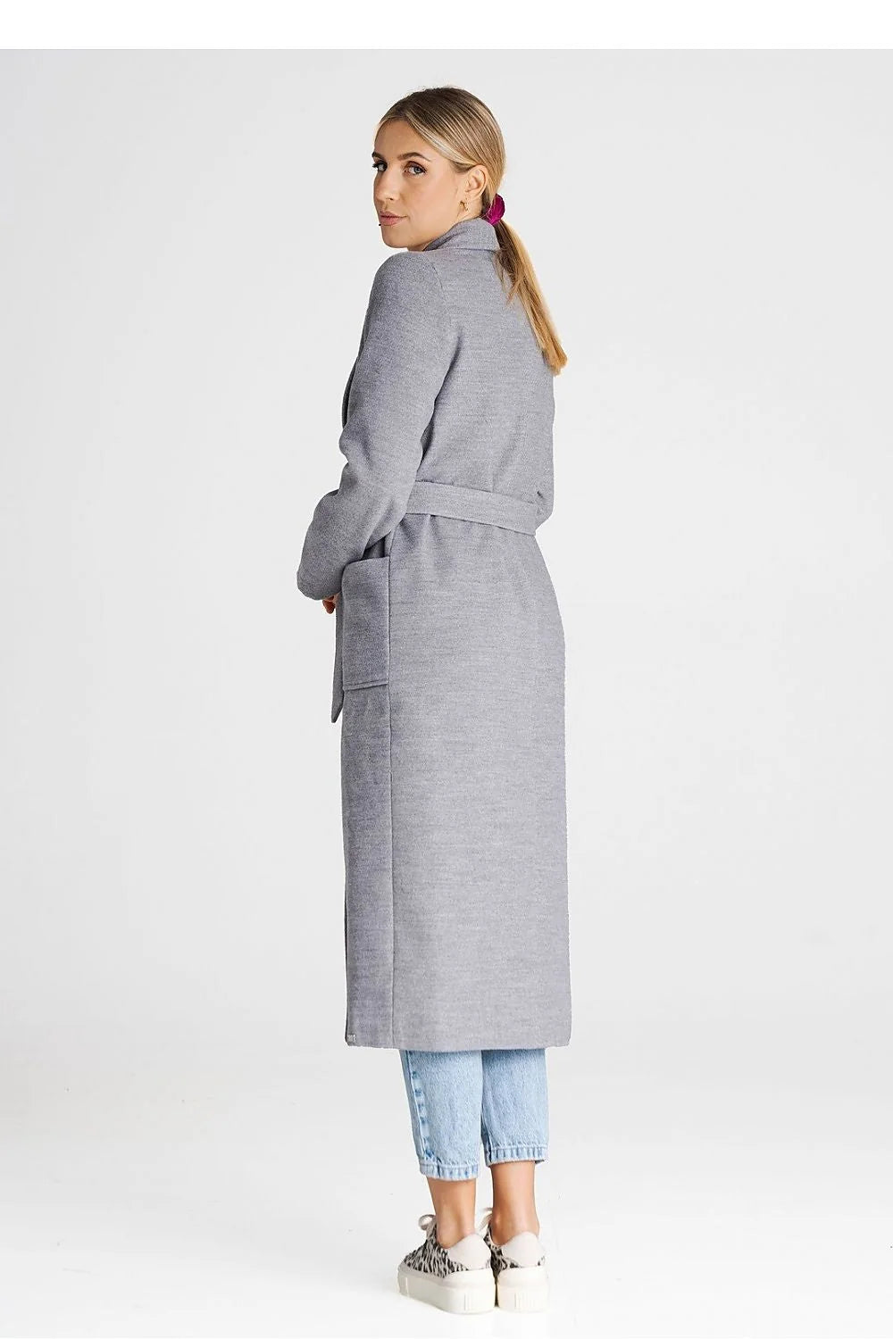 Cardigan long élégant pour femme en polyester et viscose, coupe droite, ceinture à nouer, poches latérales, couleur gris neutre