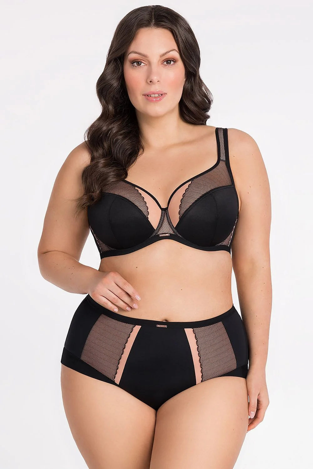 Ensemble de lingerie Gorsenia dentelle maille noire soutien-gorge armatures culotte taille haute femme confort élégance mode
