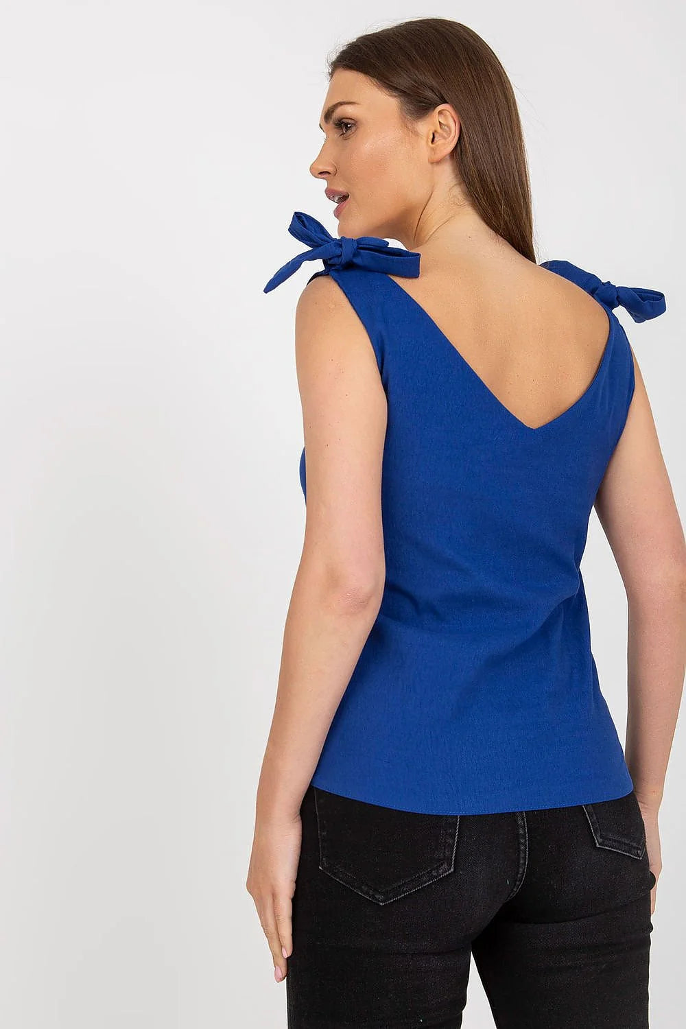 Top sans manches femme coupe droite décolleté V nœuds épaules style moderne couleur bleu vif polyester 100%_taille unique