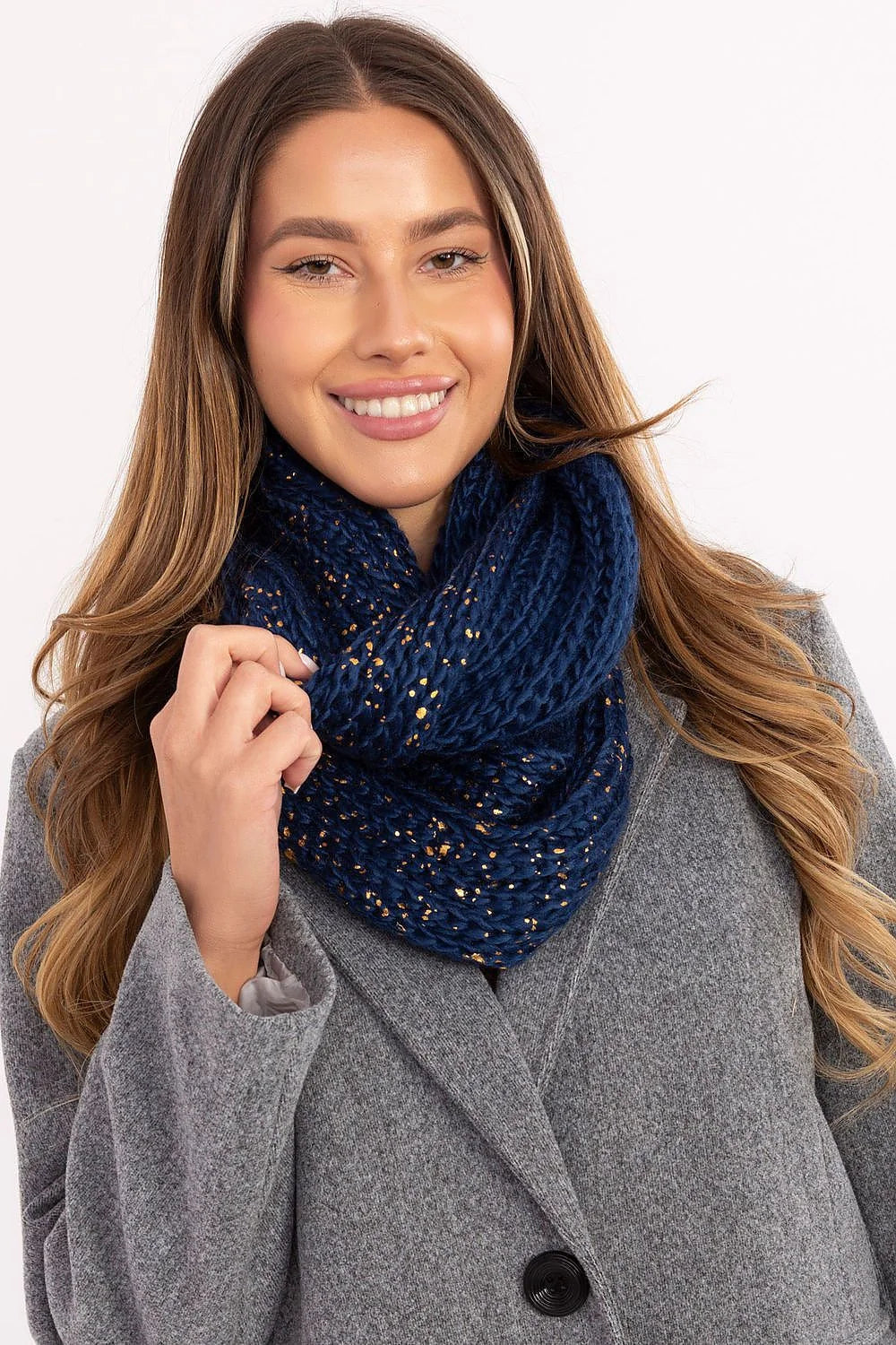 snood femme infinity maille grosse bleu marine fils dorés pailleté discret double tour tricot épais texturé chaud 65cm ajusté