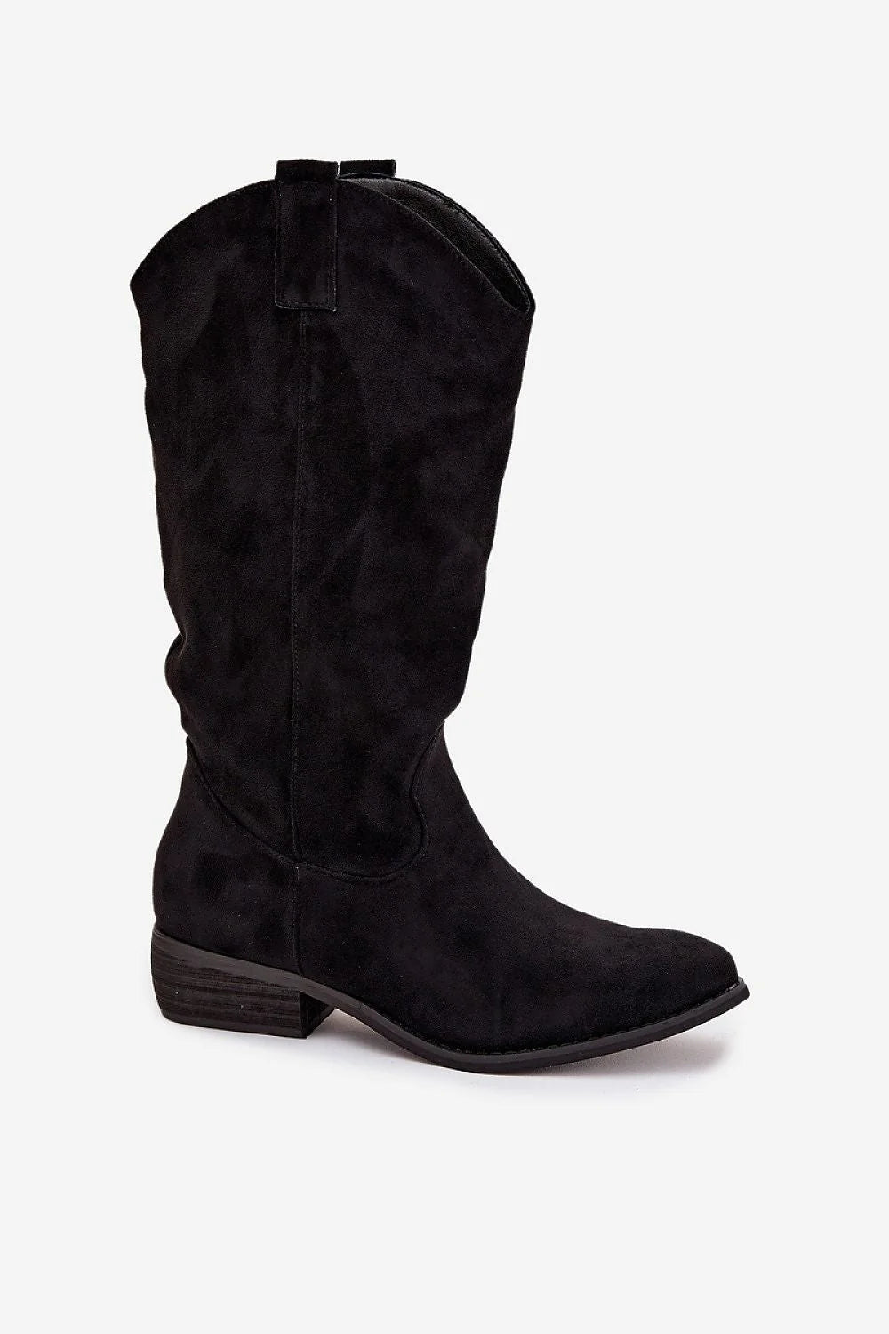 bottes cowboy femme suédine écologique noire mi mollet effet daim bout amande talon bas empilé tige froncée fermeture éclair latérale