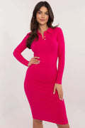 Robe femme moderne élégante quotidienne manches longues col polo boutons dorés tissu côtelé rose vif coton élasthanne ajustée