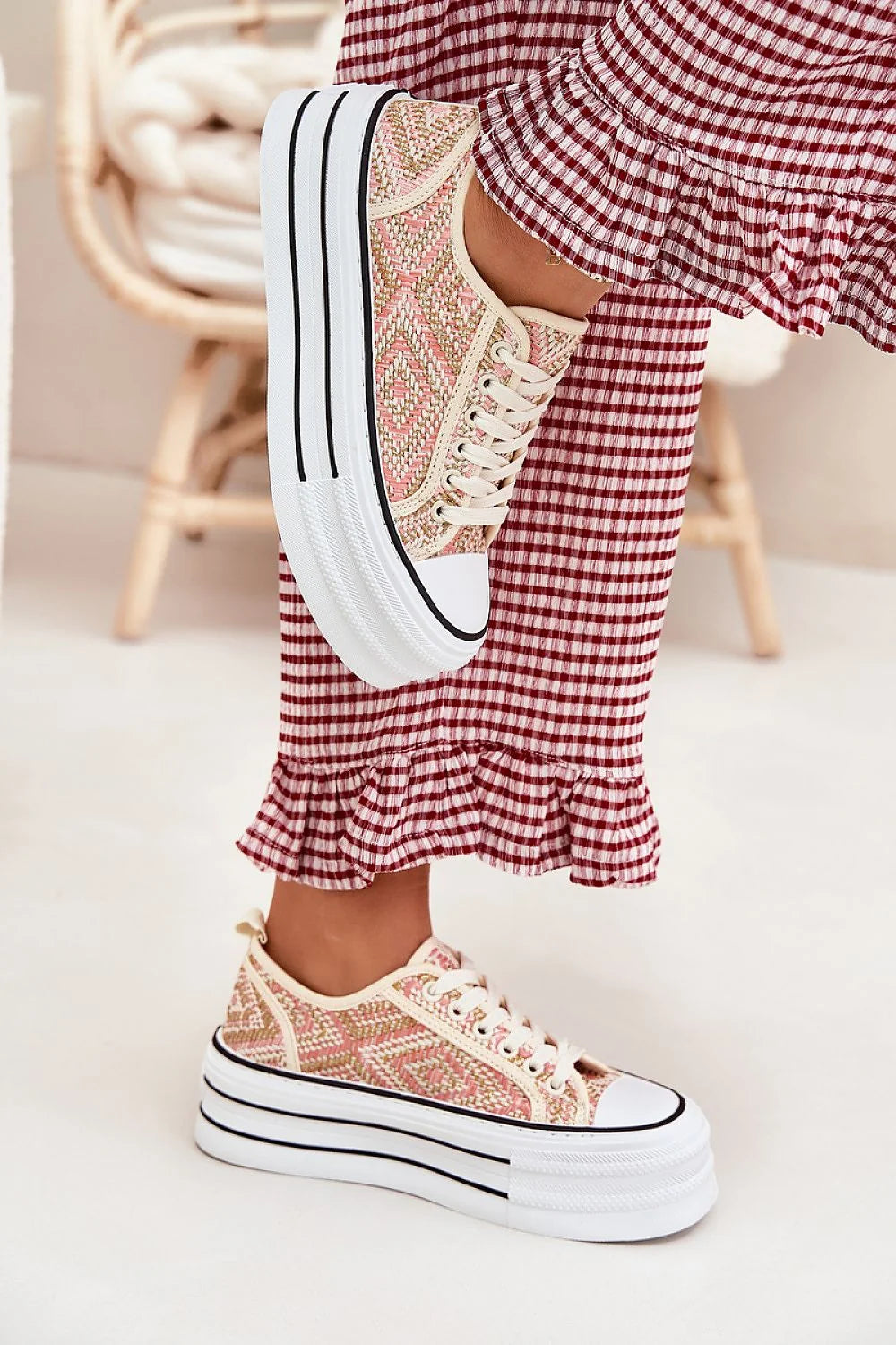 Baskets plates-forme multicolore pour femme, tige tissu tressé, semelle épaisse, style casual, confort tout le jour