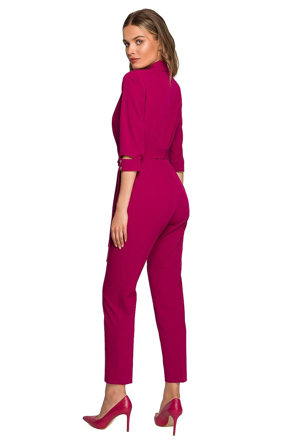 combinaison femme chic élégante vert forêt manches trois quart ceinture nouée col châle slim tailleur boutons dorés