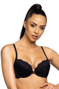 soutien gorge pushup dentelle noire plongeant rembourré armatures bonnets moulés galbant bretelles fines réglables amovibles applique bijou doré maintien renforcé