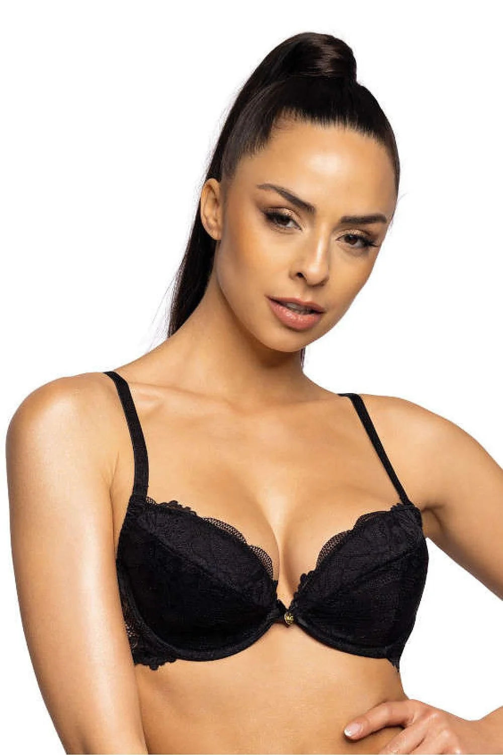 soutien gorge pushup dentelle noire plongeant rembourré armatures bonnets moulés galbant bretelles fines réglables amovibles applique bijou doré maintien renforcé