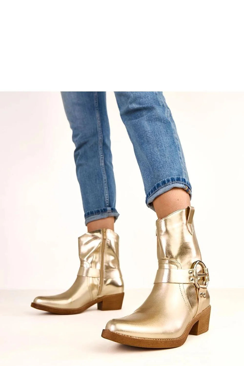 bottines femme cuir écologique doré métallisé bout pointu élancé talon bloc 5cm tige 16cm fermeture éclair boucle décorative western