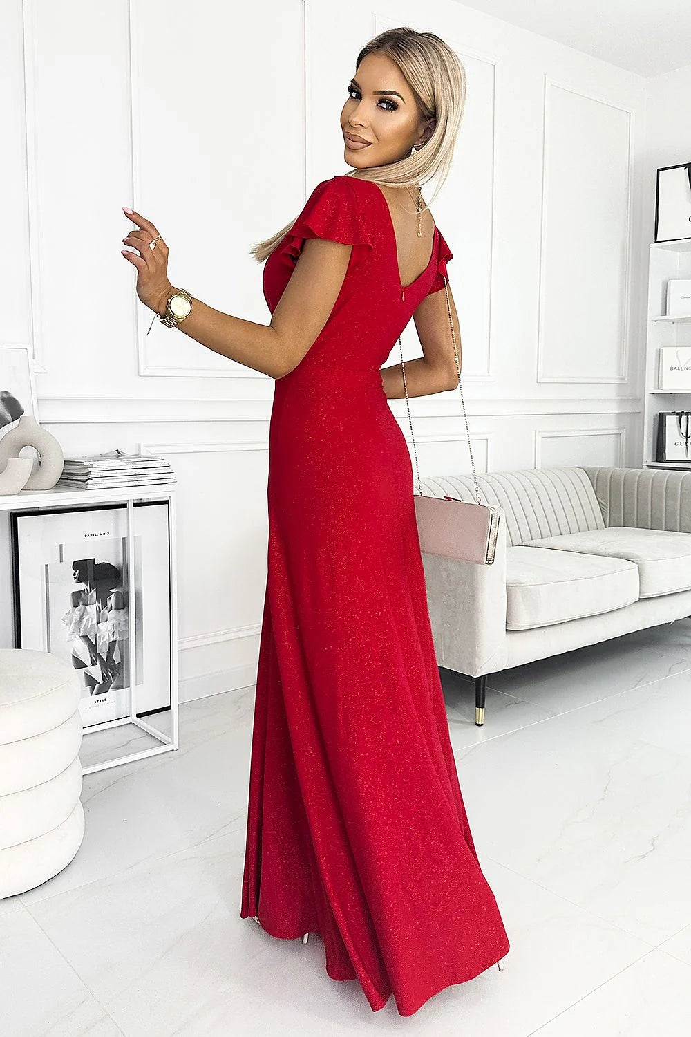 Robe de soirée élégante longue manches courtes encolure en V fente rouge vif matière fluide taille ajustable femme