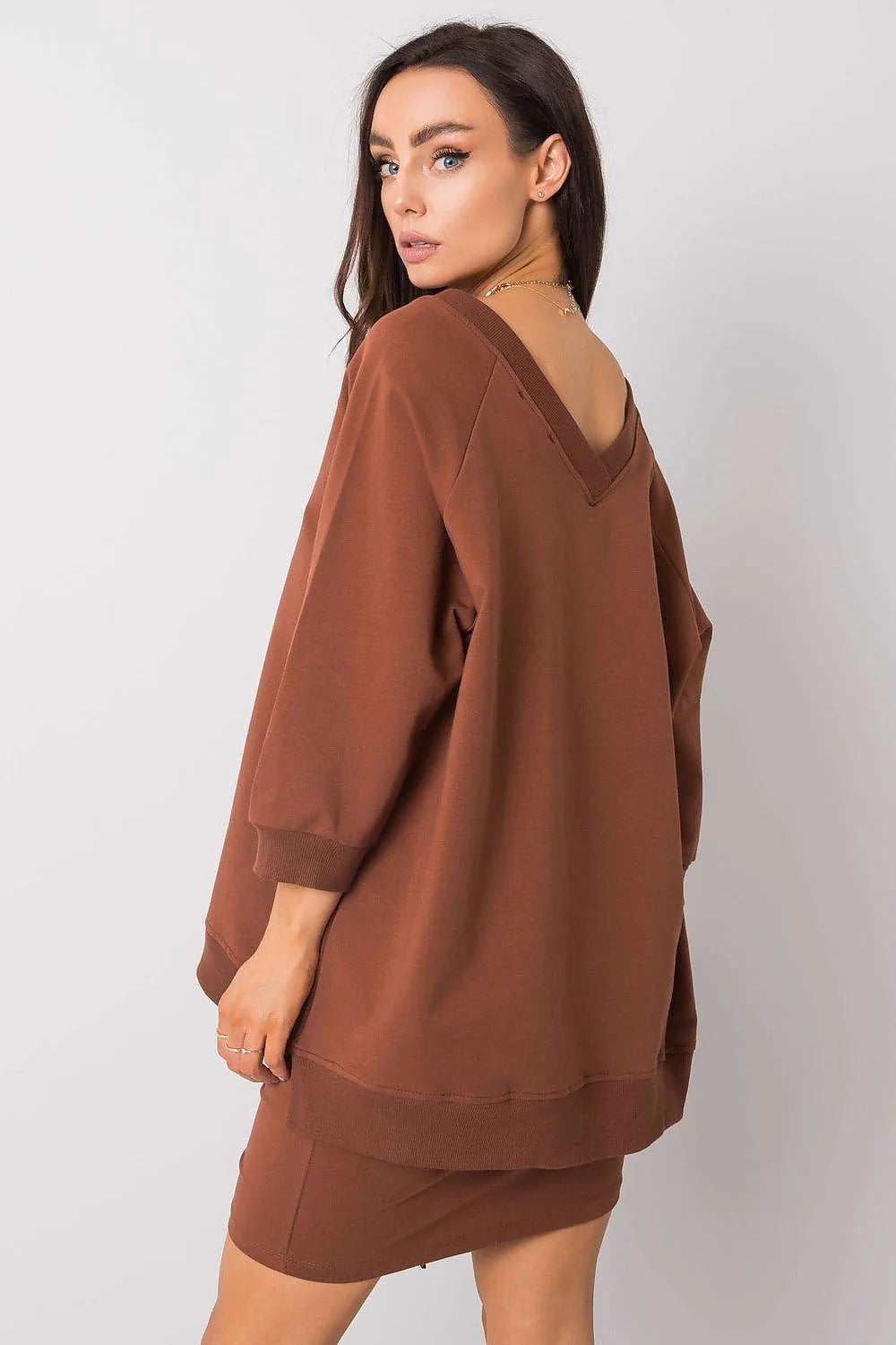 Sweatshirt Rue Paris ample manches longues encolure V couleur brun terre cuite doux respirant féminin