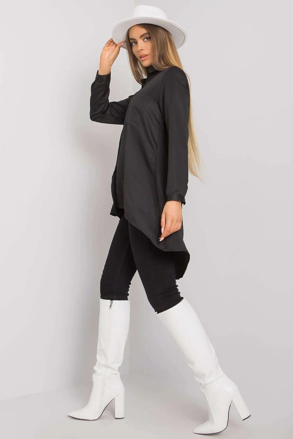 Chemise pour femme manches longues Ex Moda noir longueur asymétrique tissu satiné coton élasthanne polyester