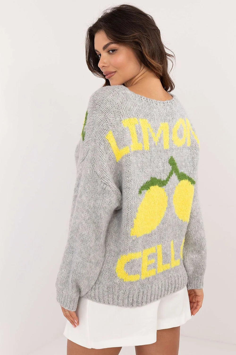 Cardigan femme moderne style décontracté gris imprimé citron jaune laine acrylique viscose longues manches col V boutons bois
