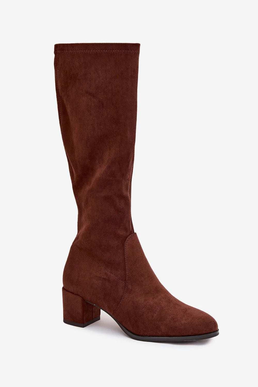 bottes hautes genou chocolat écosuède bout amande talon bas stable doublure fourrure douce semelle intérieure isolante fermeture éclair rétro élégant