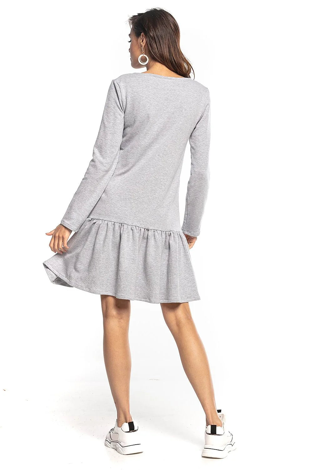 robe Tessita jersey extensible kaki olive courte manches longues encolure V coupe droite évasée volant froncé ourlet confortable quotidien chic