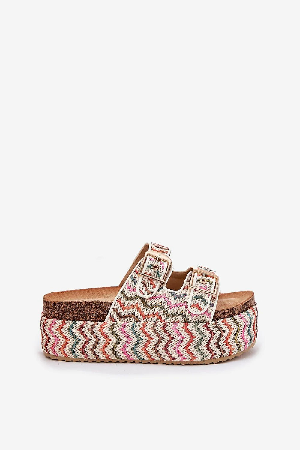 sandales plateforme bohème multicolore femme confort tressé liège semelle corde chevrons brides réglables boucles dorées sabot estival