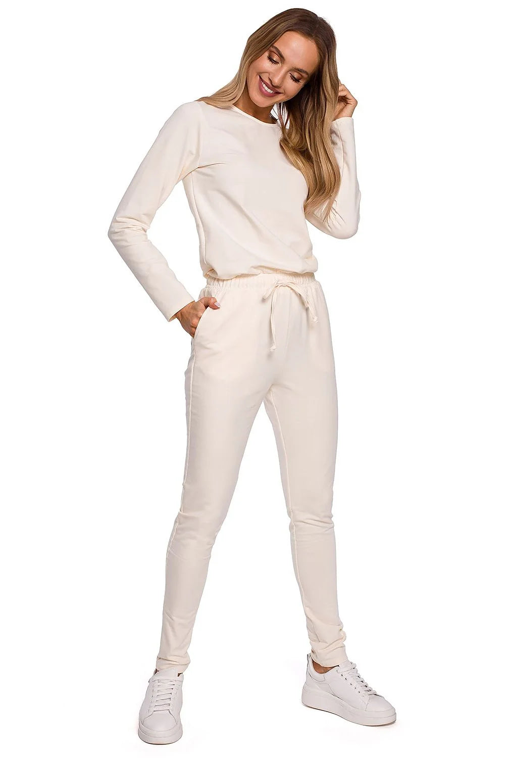 Ensemble de jogging pour femme en coton élasthanne beige rosé deux pièces manches longues taille élastique pantalon fuselé