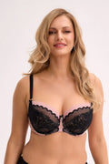 soutiengorge balconnet pushup armatures tulle rose poudré dentelle noire brodée bonnets moulés plongeants galbe accentué décolleté prononcé glamour bordure festonnée