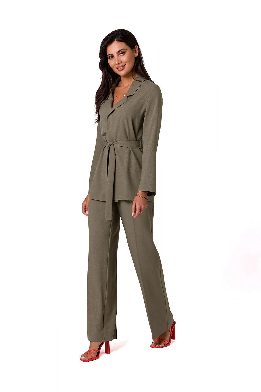Ensemble femme blazer chemisier manches longues pantalon droit taille ajustable style élégant matériau léger couleur blanc pur