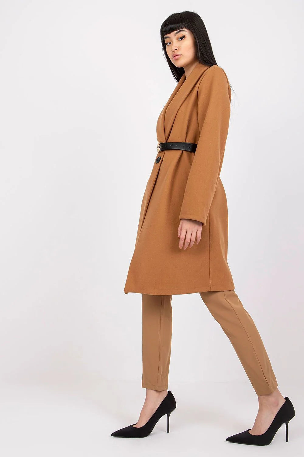 Manteau noir élégant en polyester style classique avec ceinture cuir boucle argentée femme chic