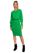 Robe élégante pour femme verte longue manches bouffantes taille ajustée coupe moderne matériau doux occasion formelle