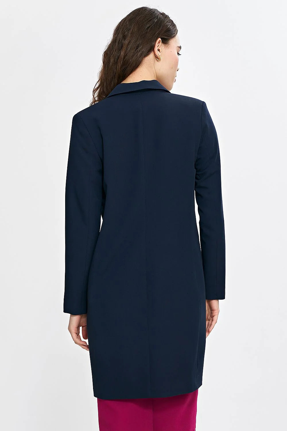 Veste élégante pour femme coupe droite longueur genou bleu marine laine polyester manches longues épaulettes double bouton