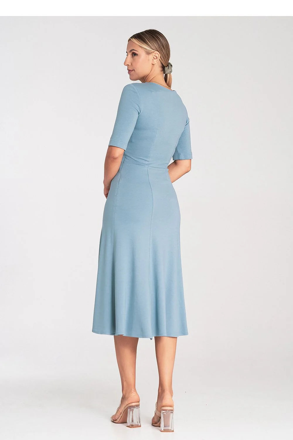 Robe de jour élégante style intemporel couleur bleu ciel femme manches 3/4 décolleté V ajustée taille M L XL