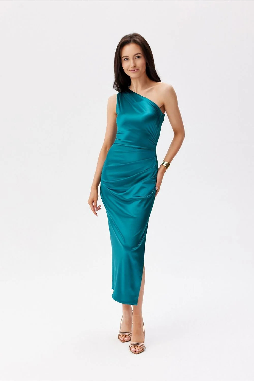 Robe de soirée élégante longueur midi épaule unique设计 asymétrique satin turquoise veste ajustée fente jupe occasion spéciale femme
