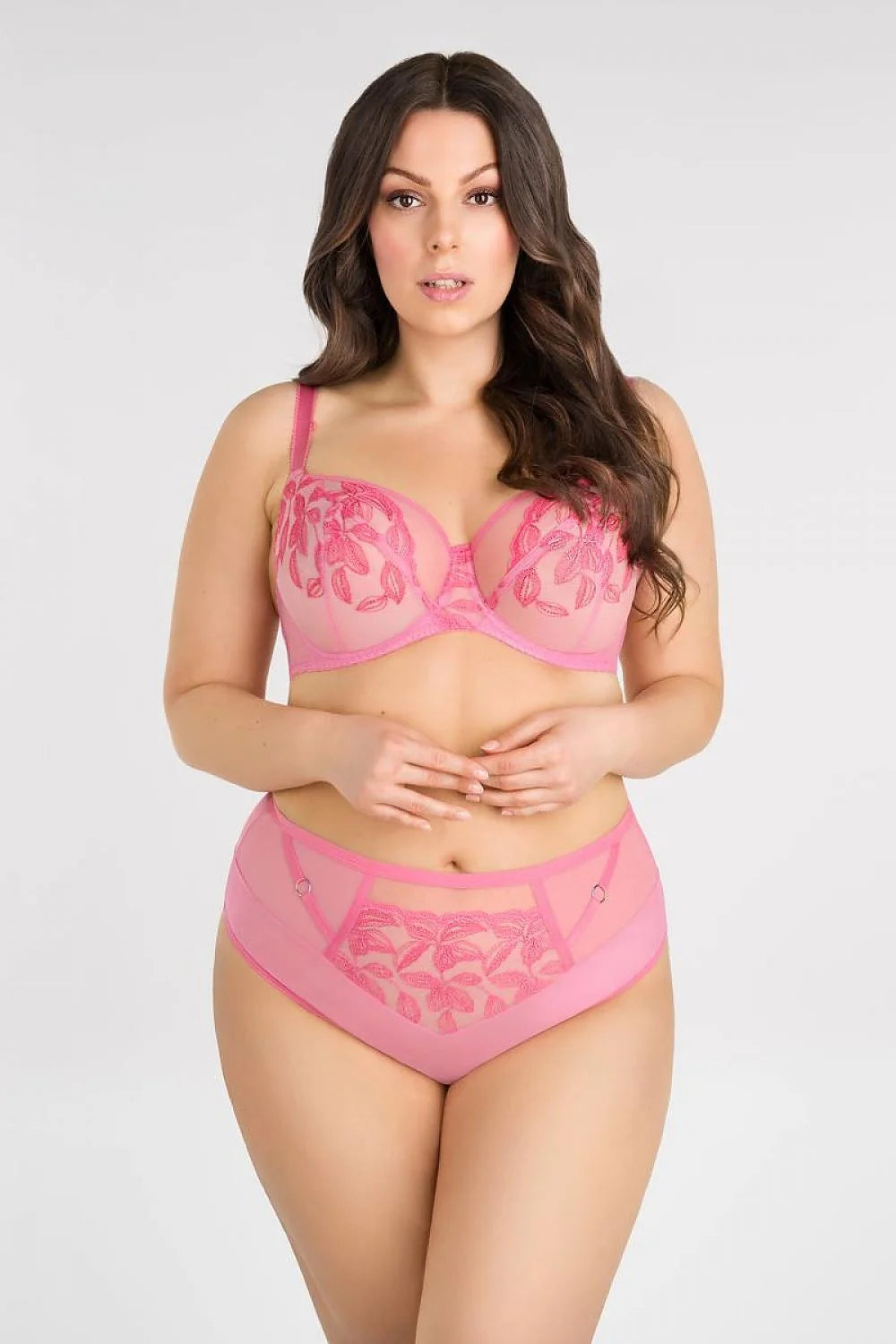Soutien-gorge Gorsenia en tulle floral transparent, balconnet, armatures latérales, rose vif, romantique, lingerie féminine, confort, maintien