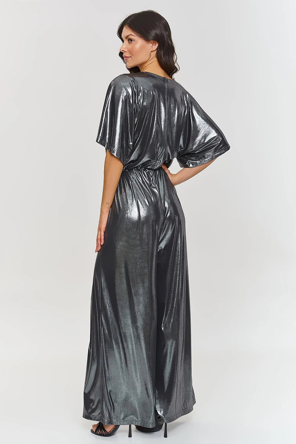 Robe de soirée élégante longue manches courtes évasées encolure en V ceinture à la taille couleur métallique argentée femme