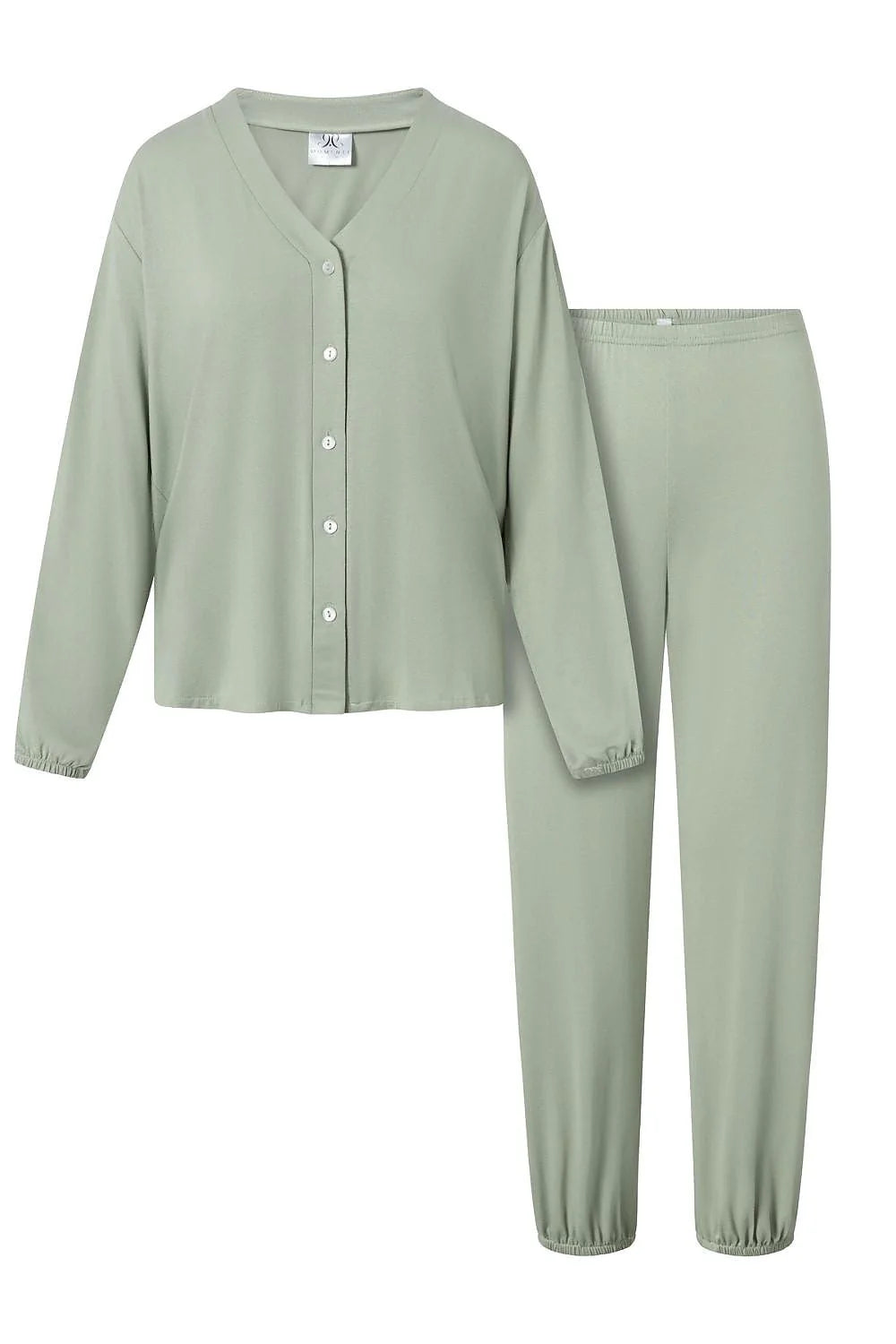 Pyjama élégante pour femme sage vert, 2 pièces, manches longues, pantalon élastique, homewear confortable, style minimaliste, matière douce, cadeau femme