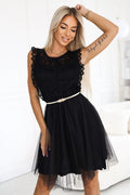 Robe de cocktail élégante noire dentelle tulle taille ajustable femme occasion spéciale soirée événement