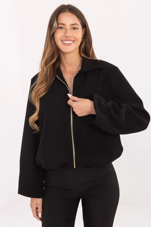 veste femme zippée blouson court boxy noir tissu structuré chaud col chemise manches larges ourlet froncé fermeture éclair métal doré