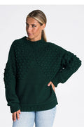 pull femme Figl tricot structuré maille épaisse vert sapin oversize col cheminée côtelé noppes manches ballon poche latérale cocooning chaud
