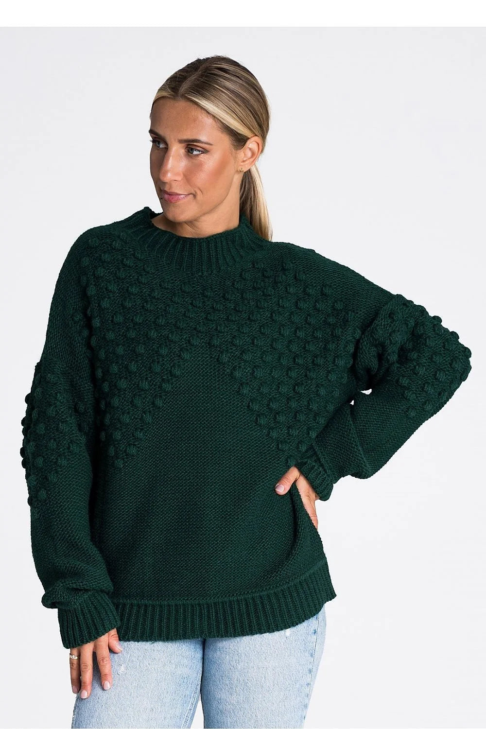 pull femme Figl tricot structuré maille épaisse vert sapin oversize col cheminée côtelé noppes manches ballon poche latérale cocooning chaud