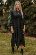 Robe fluide noire élégante manches longues boutonnées coupe asymétrique confortable pour occasions diverses femme