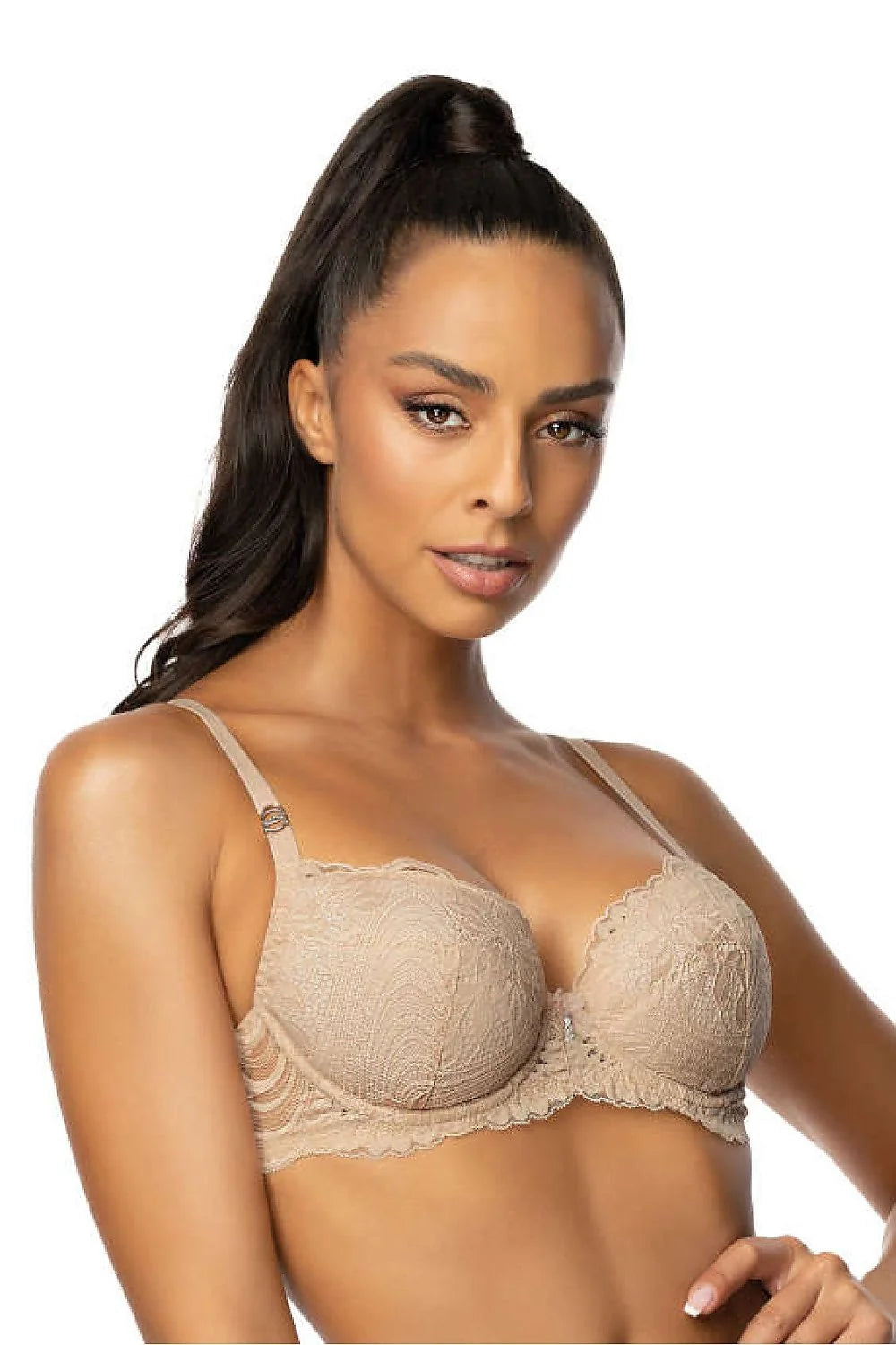 soutiengorge balconnet armatures coques moulées dentelle brodée bords festonnés beige nude rembourrés bonnets galbe maintien bretelles réglables