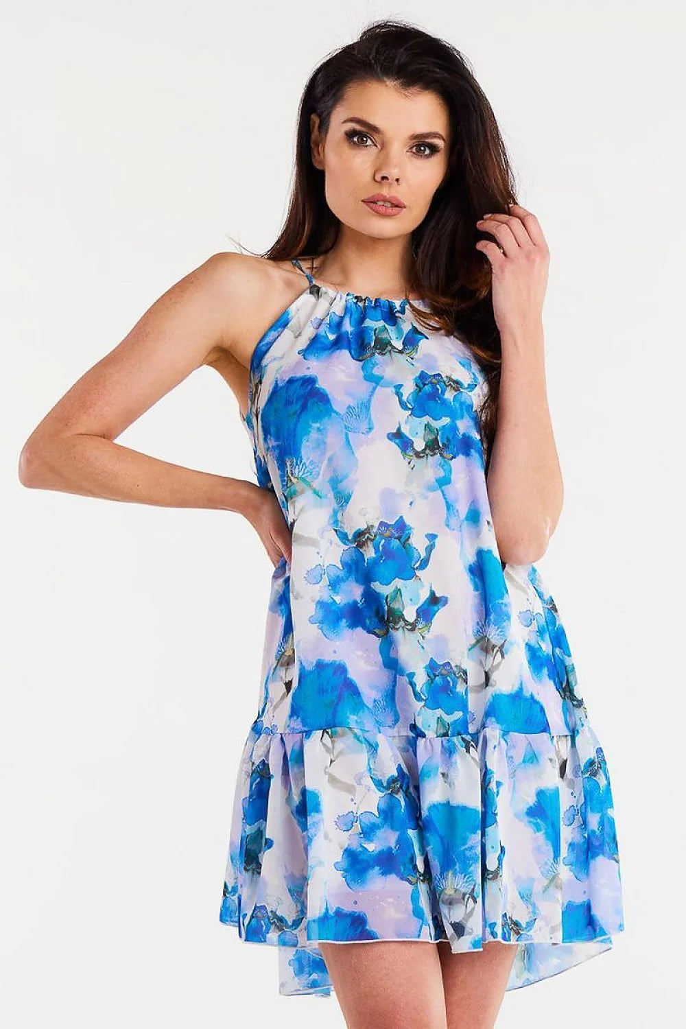 robe awama mousseline imprimé floral bleu aquarelle courte évasée volant encolure halter froncée bretelles nouées doublée légère fluide