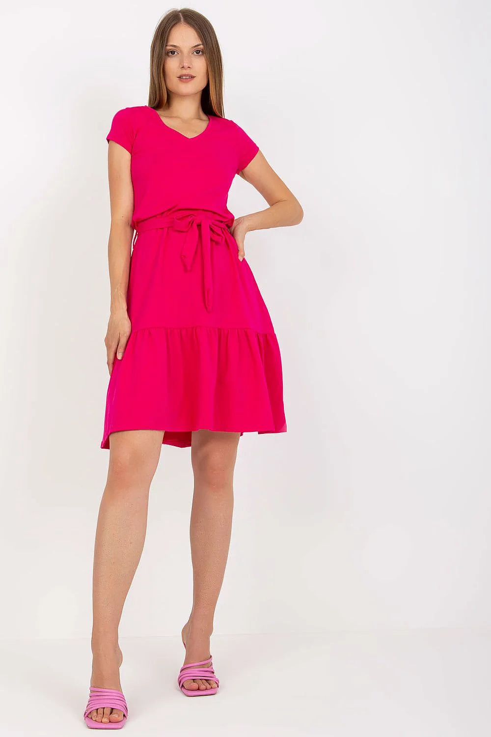 Robe de jour Rue Paris élégante vert vif col V manches courtes évasée coton élasthanne taille ajustable femme