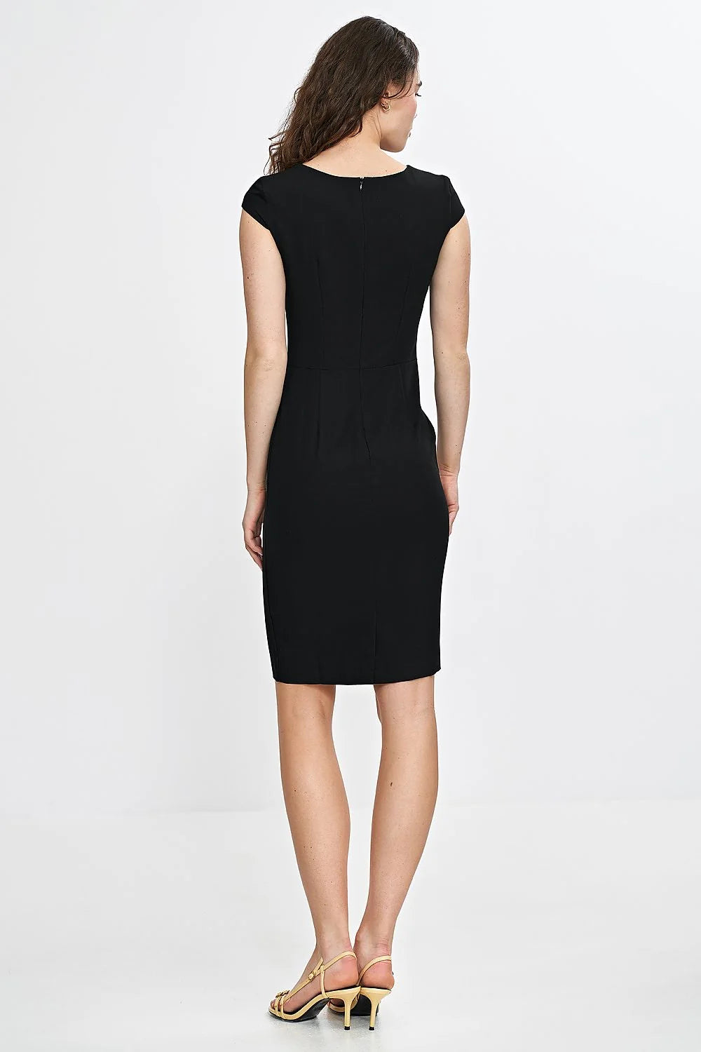 Robe de jour élégante ajustée encolure V manches courtes jupe crayon longueur genoux robe noire intemporelle femmes